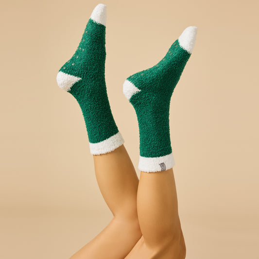 Holiday Marshmallow Crew Socks in Green / White Heel