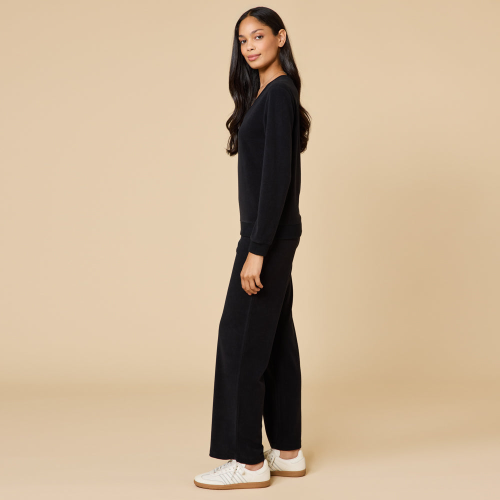 Vintage Velvet V-Neck with Wide Leg Pant Black