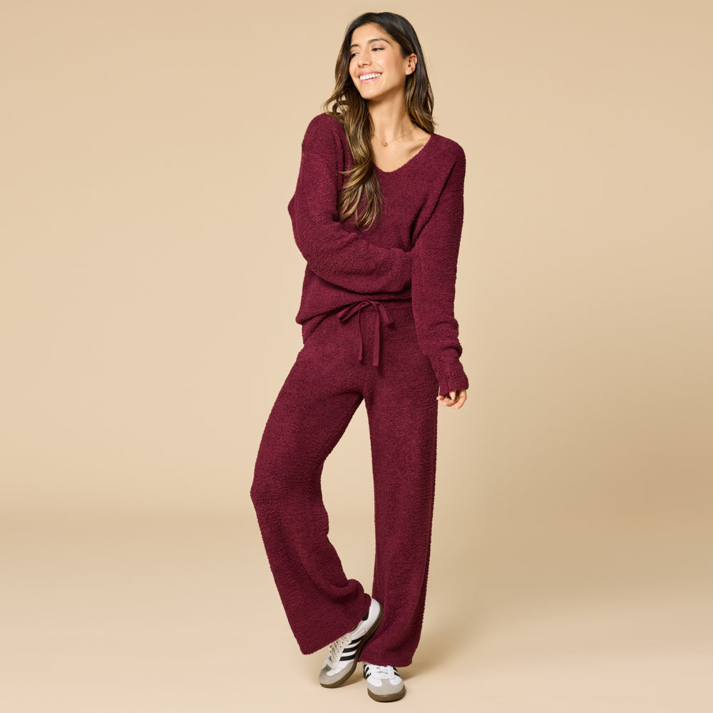Solid Marshmallow V-Neck Lounge Set Cherry Cola