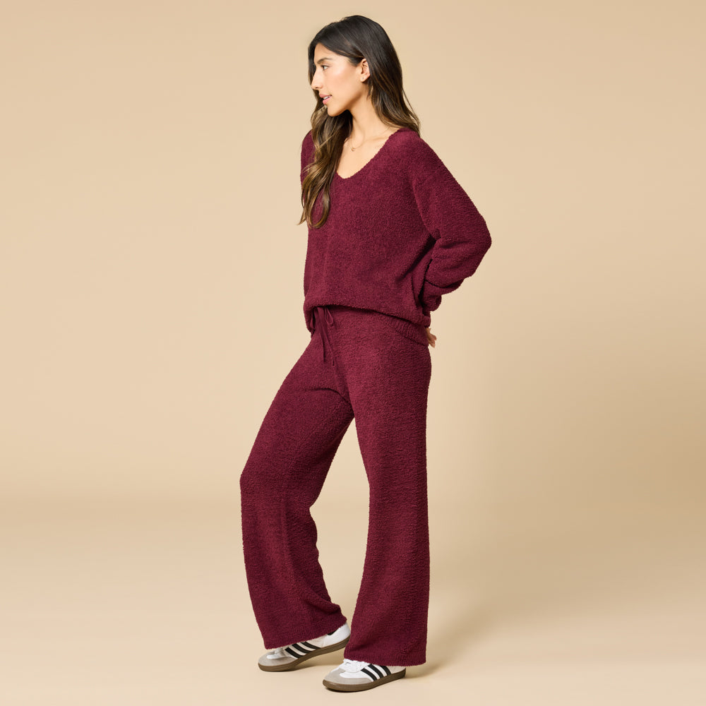 Solid Marshmallow V-Neck Lounge Set Cherry Cola