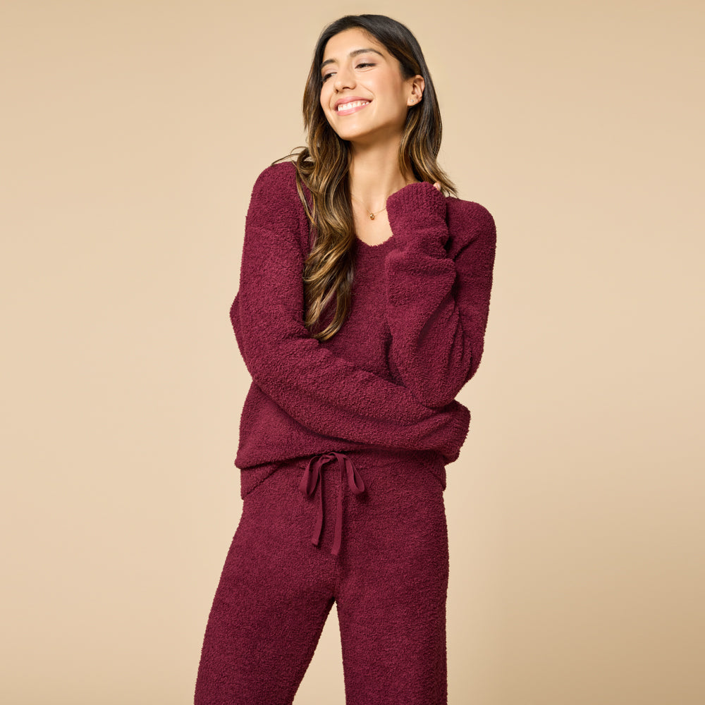 Solid Marshmallow V-Neck Lounge Set Cherry Cola