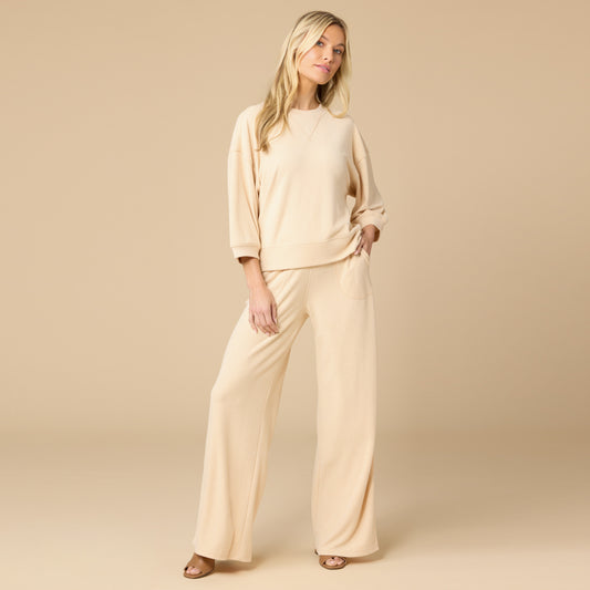 Terry Cropped Sleeve Crew Neck with Wide Leg Pant in Warm Sand