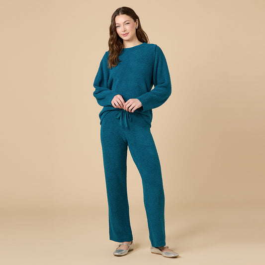 Solid Marshmallow Reverse Seam Crew Neck Lounge Set with Bracelet Sleeve in Teal