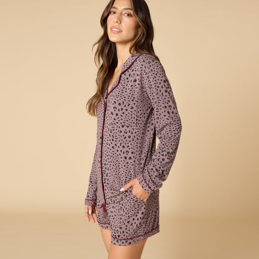 Aria - Slim Notch Collar Long Sleeve Short PJ Set in Wild Driftwood