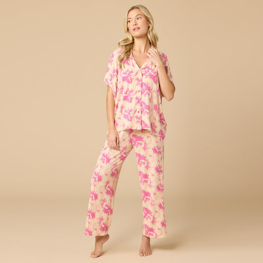 Caftan Top Cropped Pant Set in Fuchsia Floral