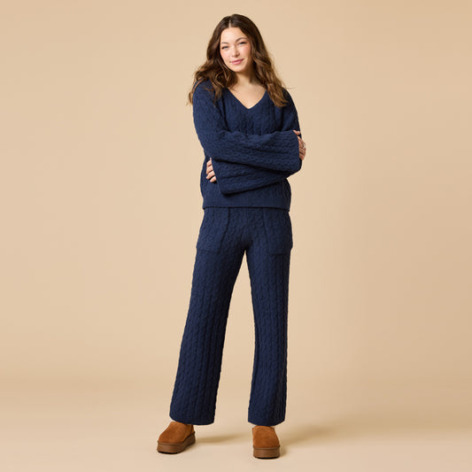 Cable Knit Marshmallow V-Neck with Flared Sleeve and Pant in Midnight