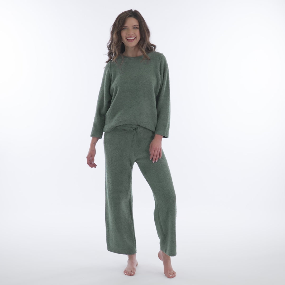 Solid Marshmallow Reverse Seam Crew Neck Lounge Set with Bracelet Sleeve Dusty Green