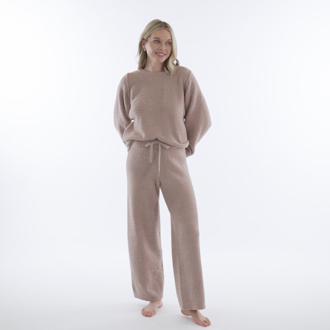Solid Marshmallow Reverse Seam Crew Neck Lounge Set with Bracelet Sleeve Coco