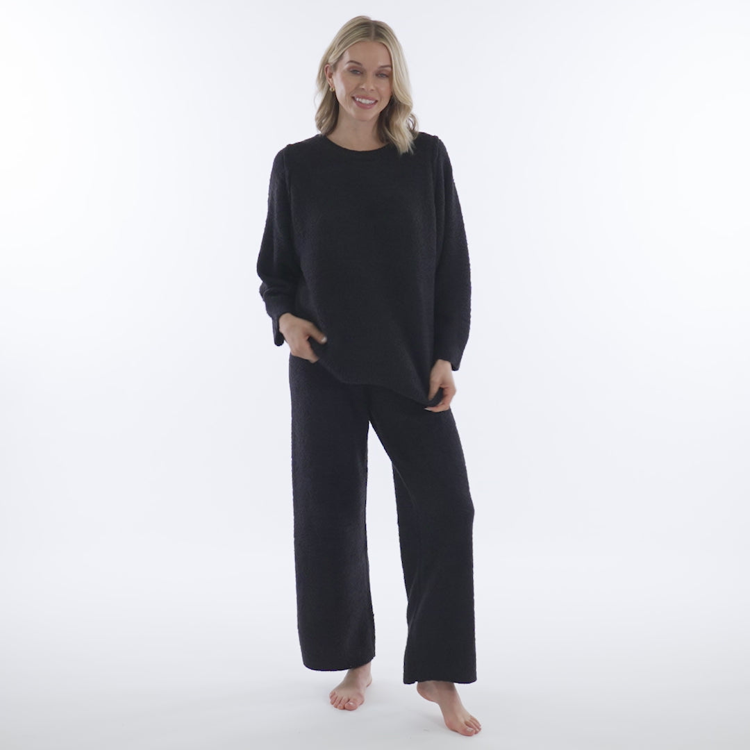 Solid Marshmallow Reverse Seam Crew Neck Lounge Set with Bracelet Sleeve Black