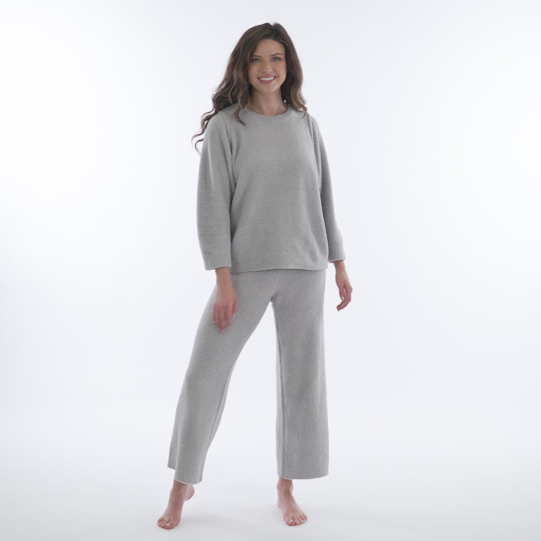Solid Marshmallow Reverse Seam Crew Neck Lounge Set with Bracelet Sleeve Grey