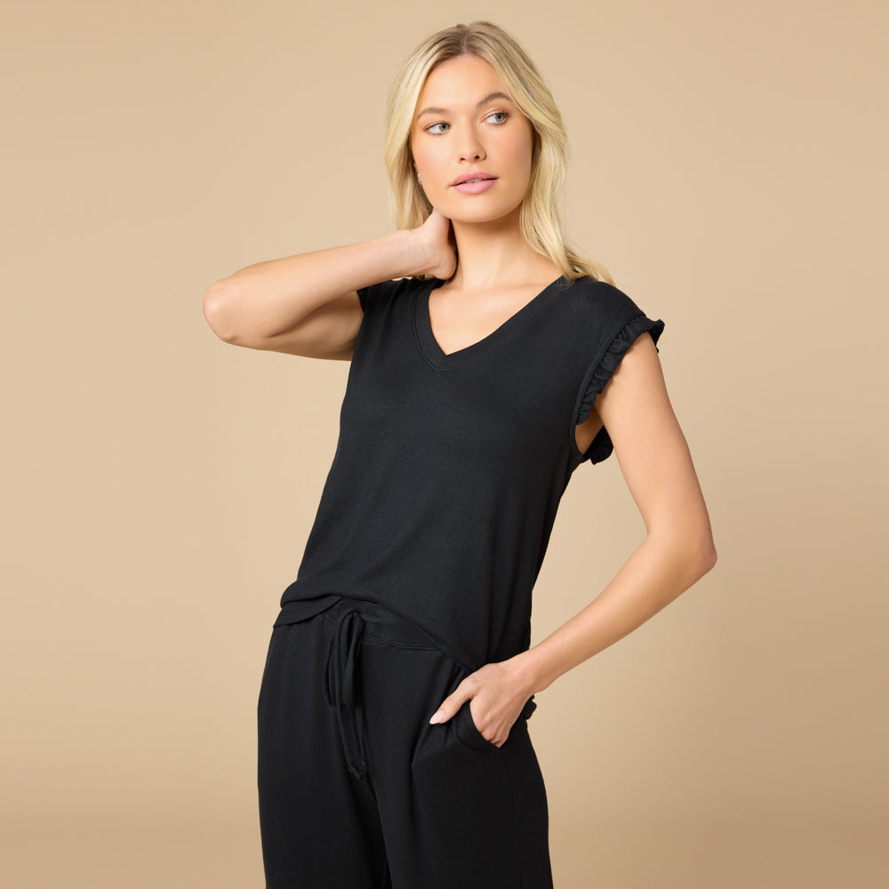Dream Ruffle V-neck with Cropped Pant Dream Ruffle V-neck with Cropped Pant in Black