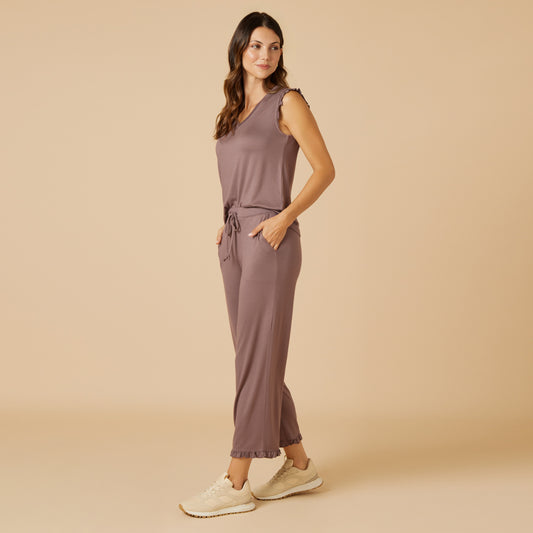 Dream Ruffle V-neck with Cropped Pant in Driftwood