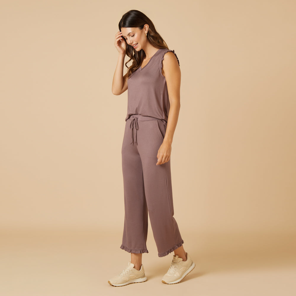 Dream Ruffle V-neck with Cropped Pant in Driftwood
