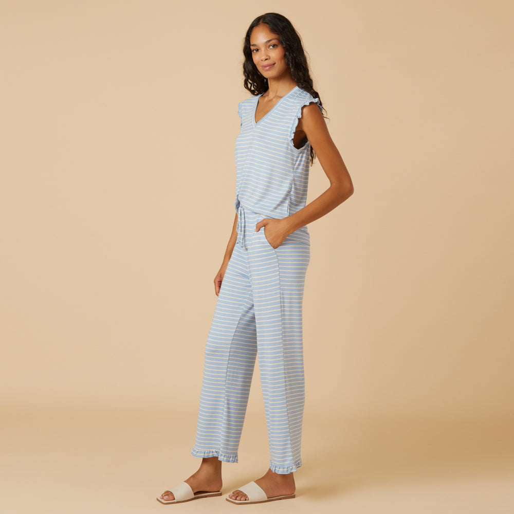 Dream Ruffle V-neck with Cropped Pant Dream Ruffle V-neck with Cropped Pant in Sky Blue Stripe