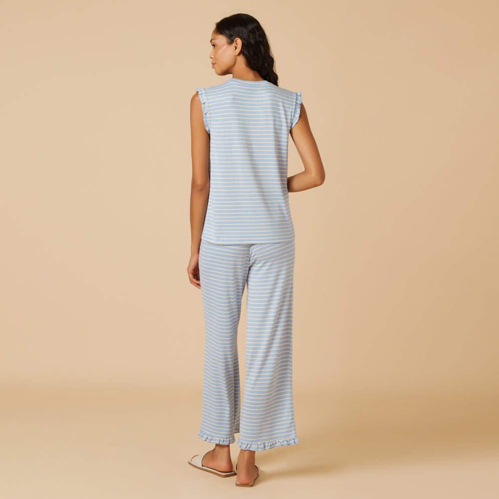 Dream Ruffle V-neck with Cropped Pant in Sky Blue Stripe