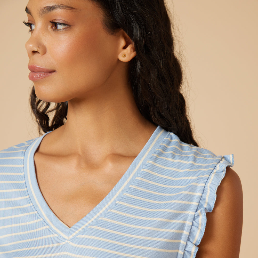 Dream Ruffle V-neck with Cropped Pant in Sky Blue Stripe