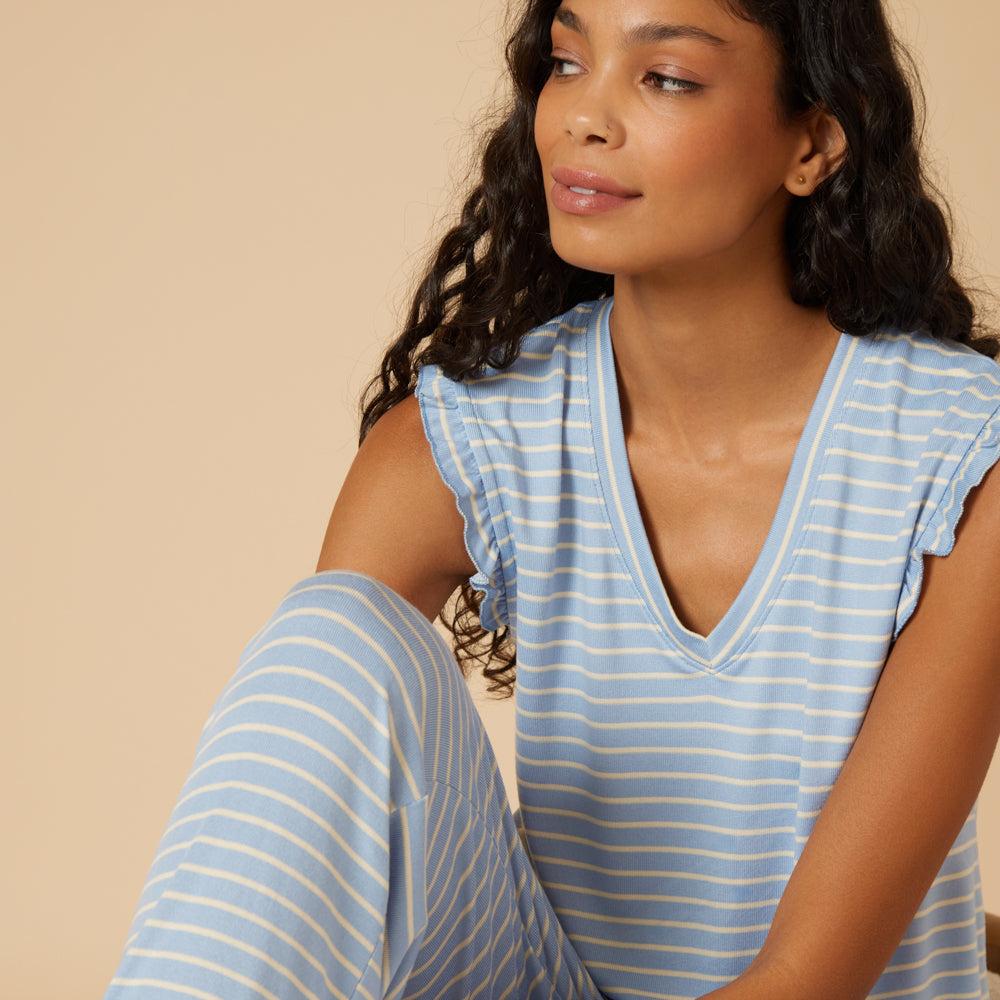 Dream Ruffle V-neck with Cropped Pant in Sky Blue Stripe