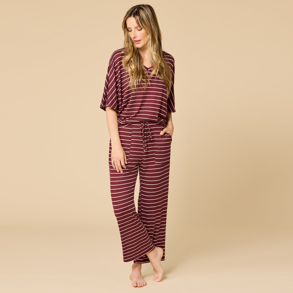 Dream Relaxed V-neck with Capri Lounge Set Cherry Cola Stripe