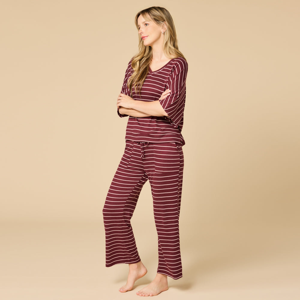 Dream Relaxed V-neck with Capri Lounge Set Cherry Cola Stripe