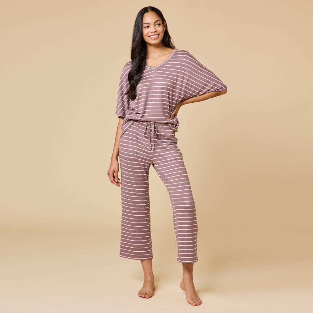 Dream Relaxed V-neck with Capri Lounge Set Driftwood Stripe