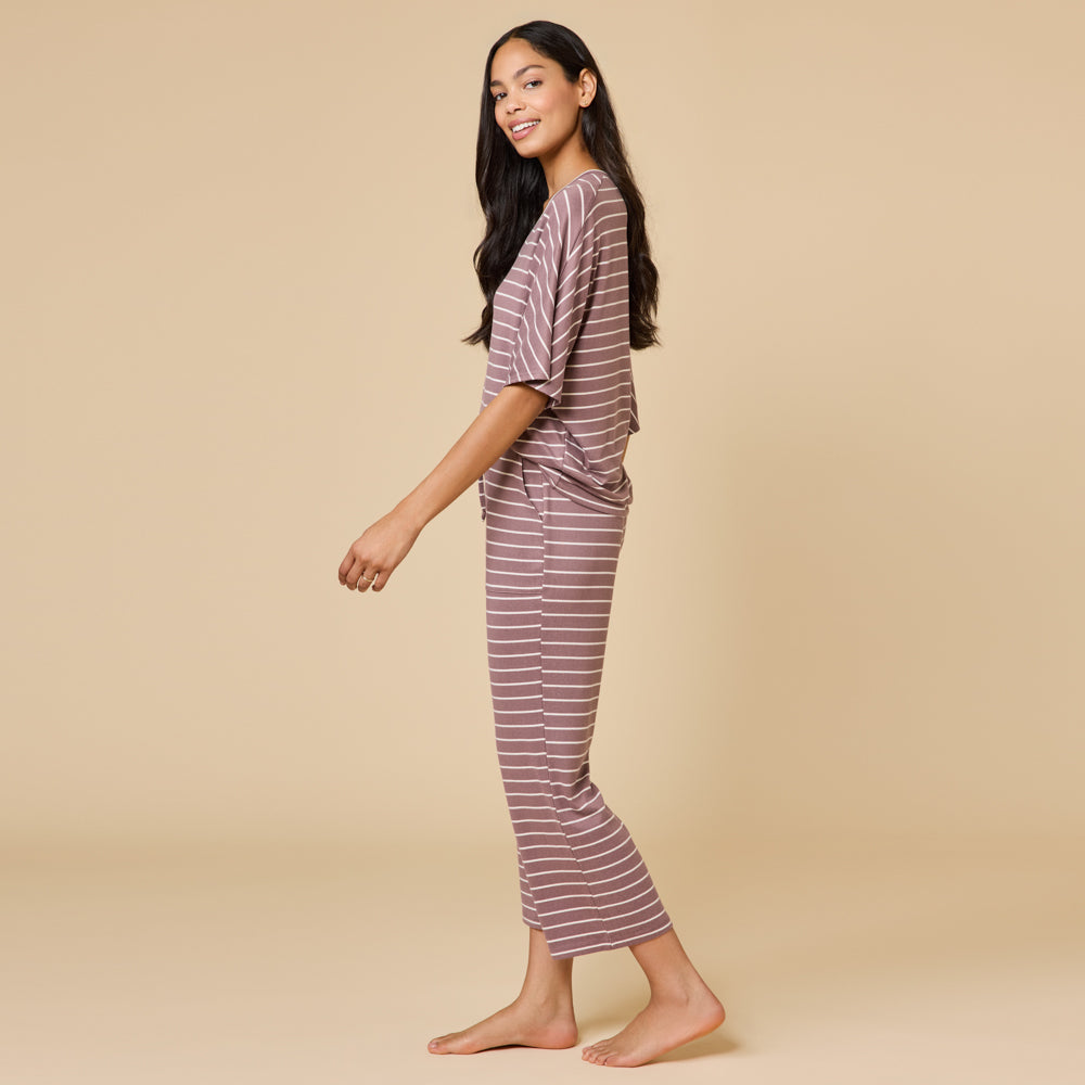 Dream Relaxed V-neck with Capri Lounge Set Driftwood Stripe