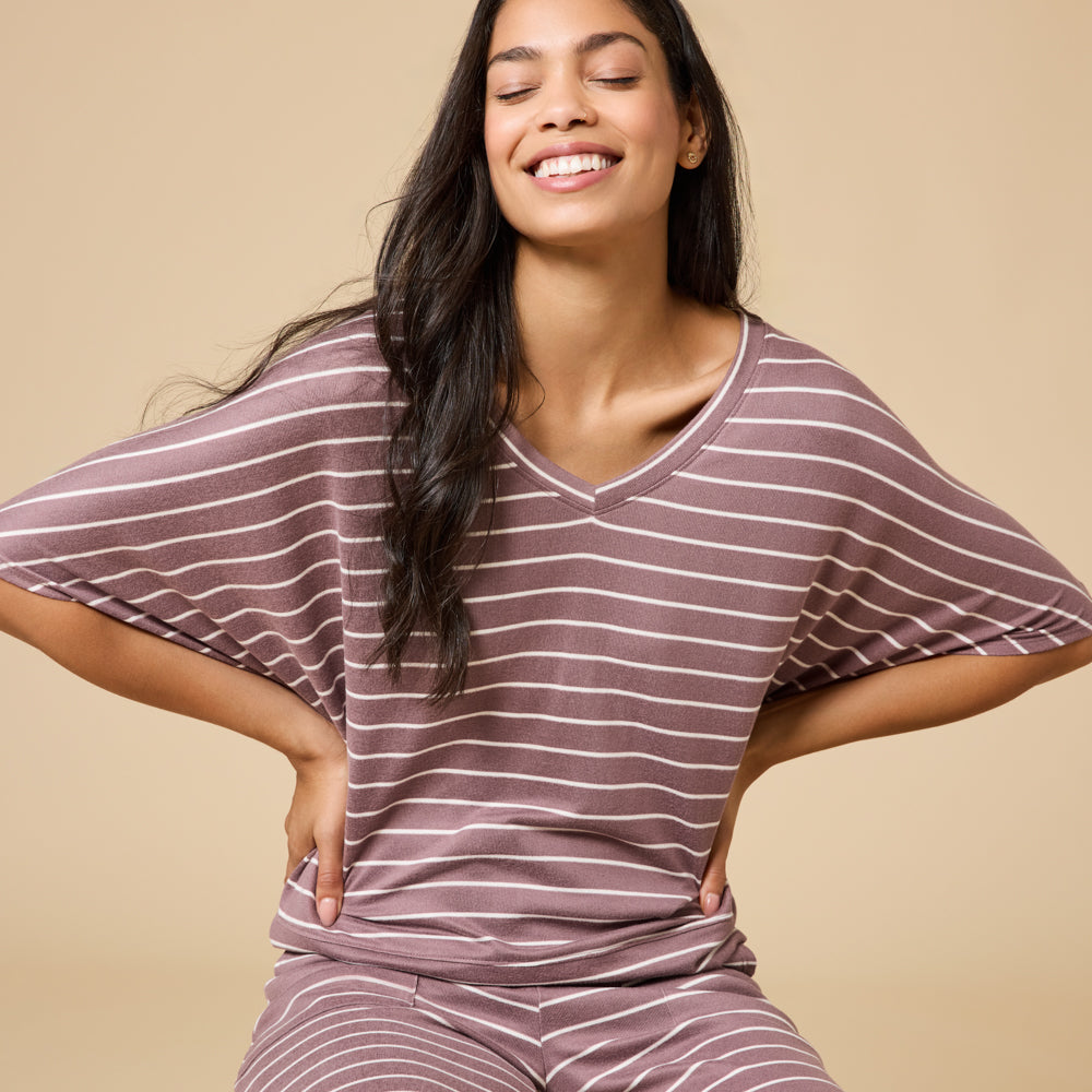 Dream Relaxed V-neck with Capri Lounge Set Driftwood Stripe