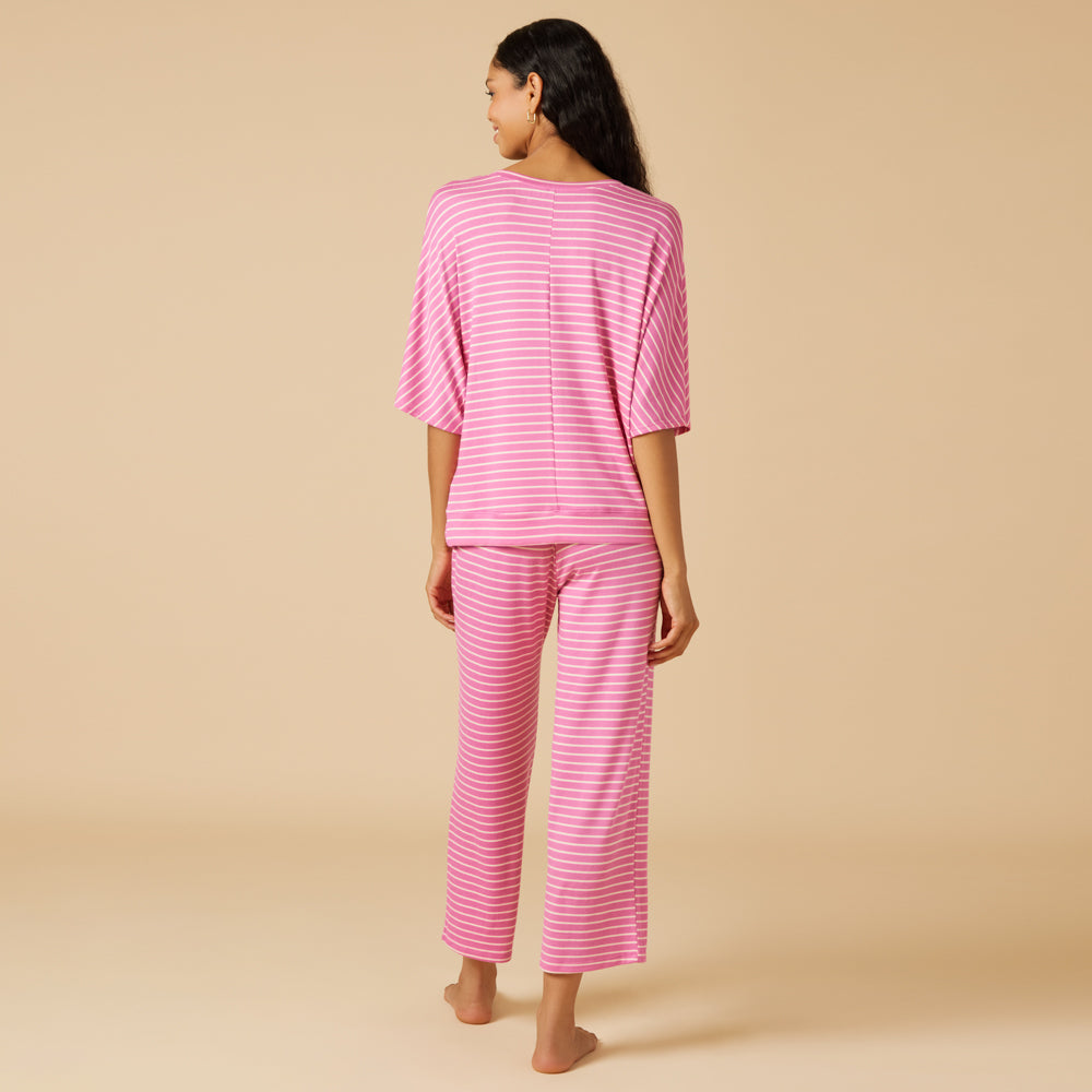 Dream Relaxed V-neck with Capri Lounge Set Fuchsia Stripe