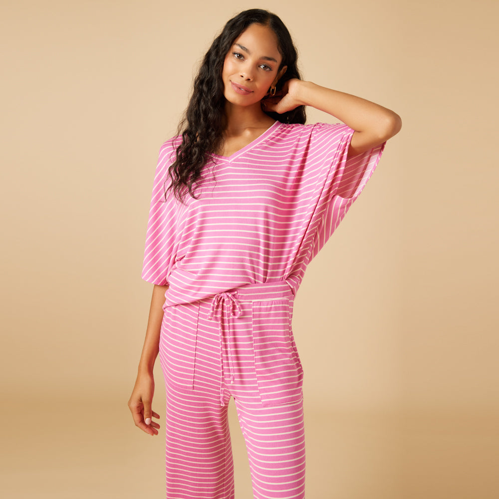 Dream Relaxed V-neck with Capri Lounge Set Fuchsia Stripe
