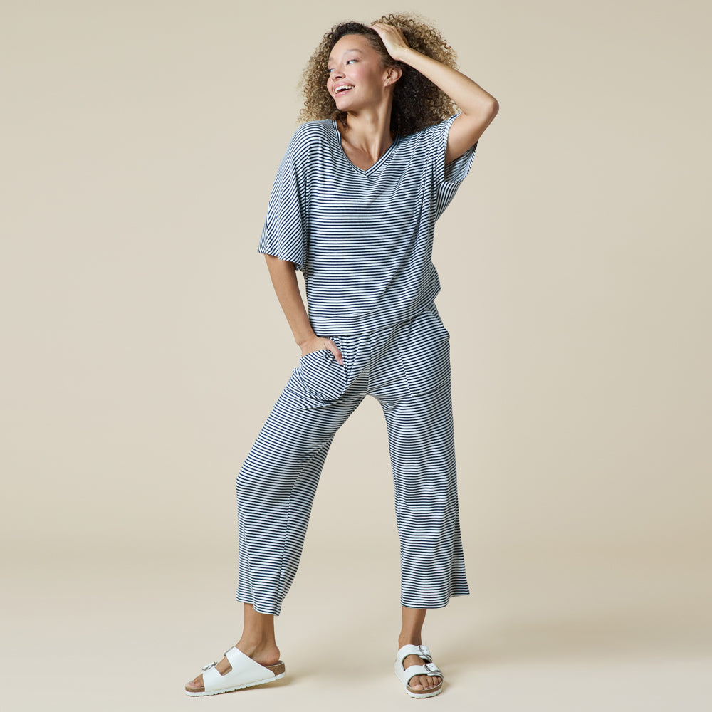 Dream Relaxed V-neck with Capri Lounge Set in Midnight Stripe