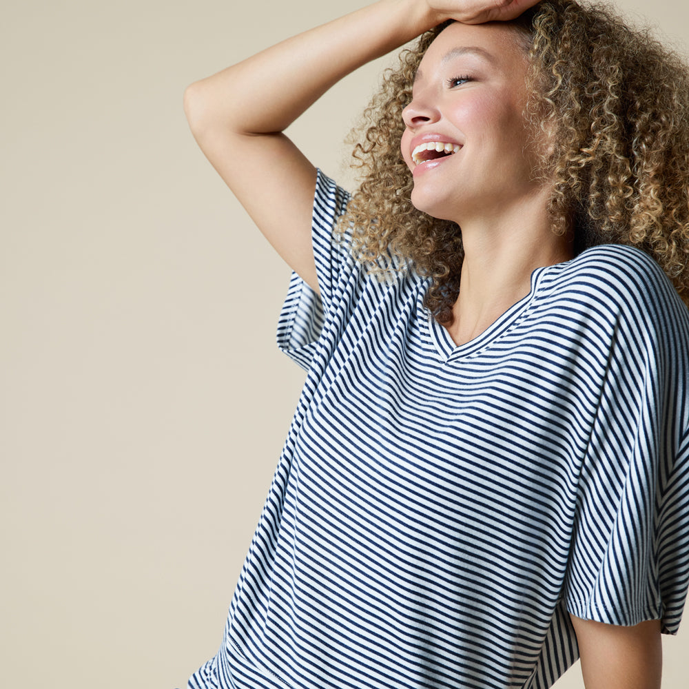 Dream Relaxed V-neck with Capri Lounge Set in Midnight Stripe