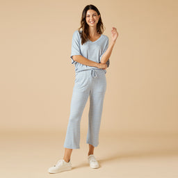Dream Relaxed V-neck with Capri Lounge Set Fuchsia Stripe