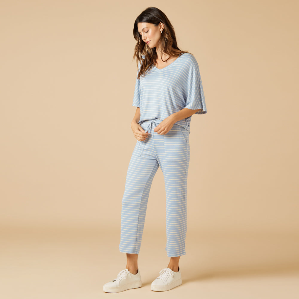 Dream Relaxed V-neck with Capri Lounge Set Sky Blue Stripe
