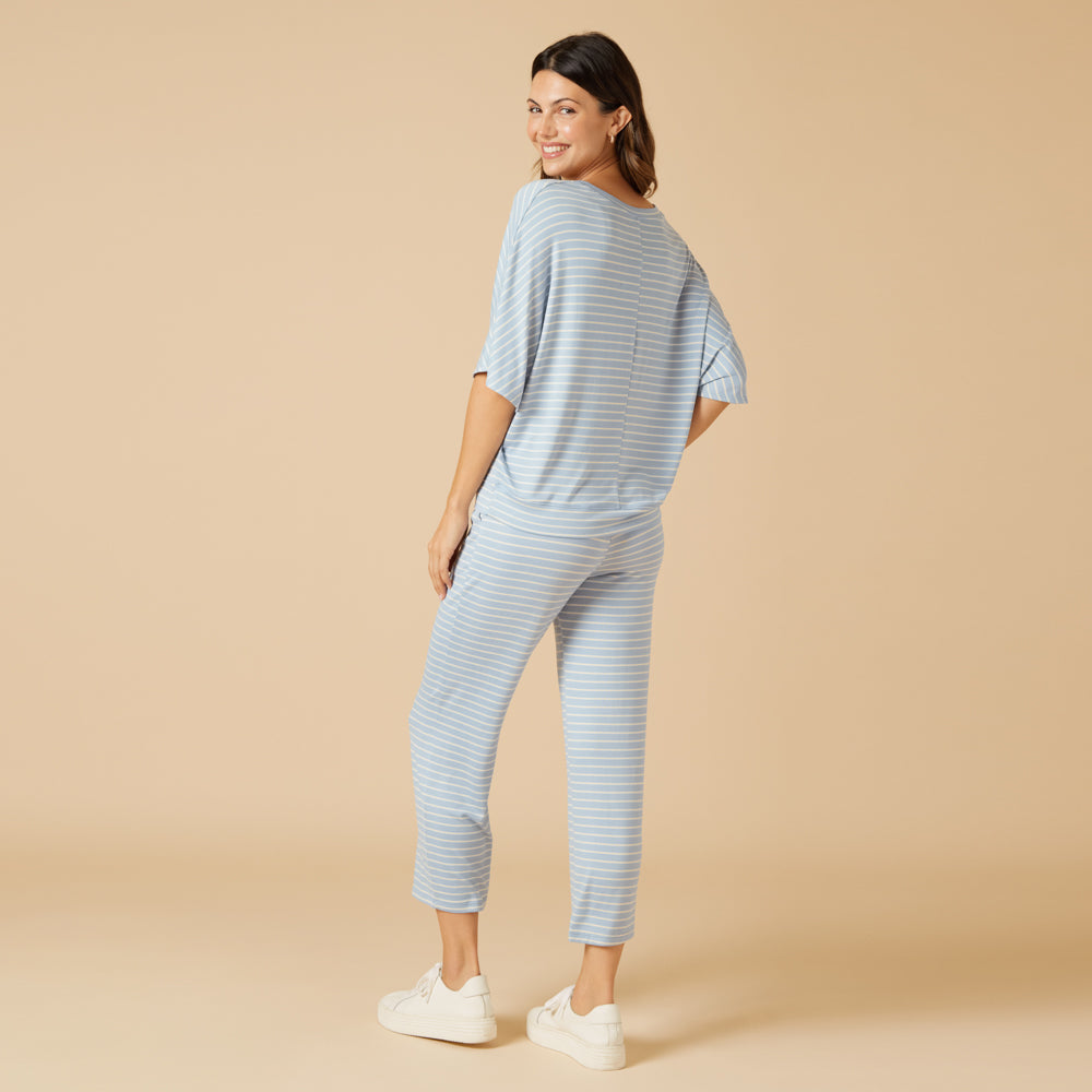Dream Relaxed V-neck with Capri Lounge Set Sky Blue Stripe
