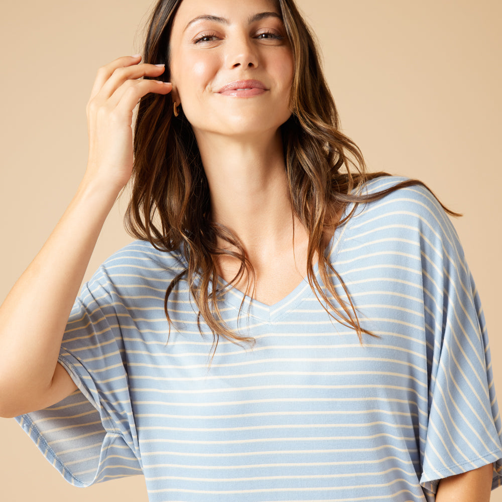 Dream Relaxed V-neck with Capri Lounge Set Sky Blue Stripe