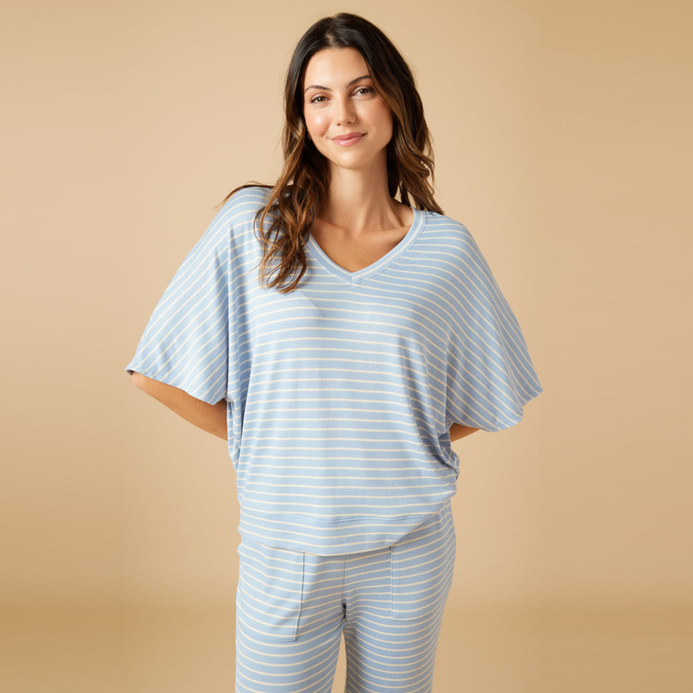 Dream Relaxed V-neck with Capri Lounge Set Sky Blue Stripe