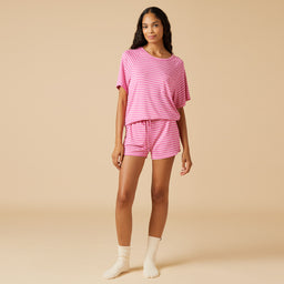 Dream Slouchy Tee Top with Shorts Lounge Set Dream Slouchy Tee Top with Shorts Lounge Set in Fuchsia Stripe