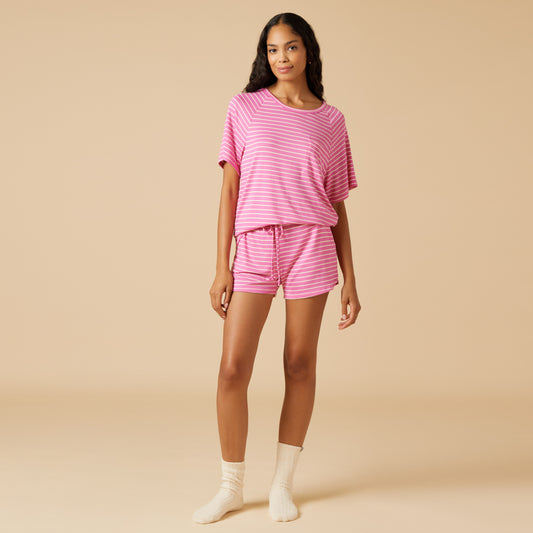 Dream Slouchy Tee Top with Shorts Lounge Set in Fuchsia Stripe