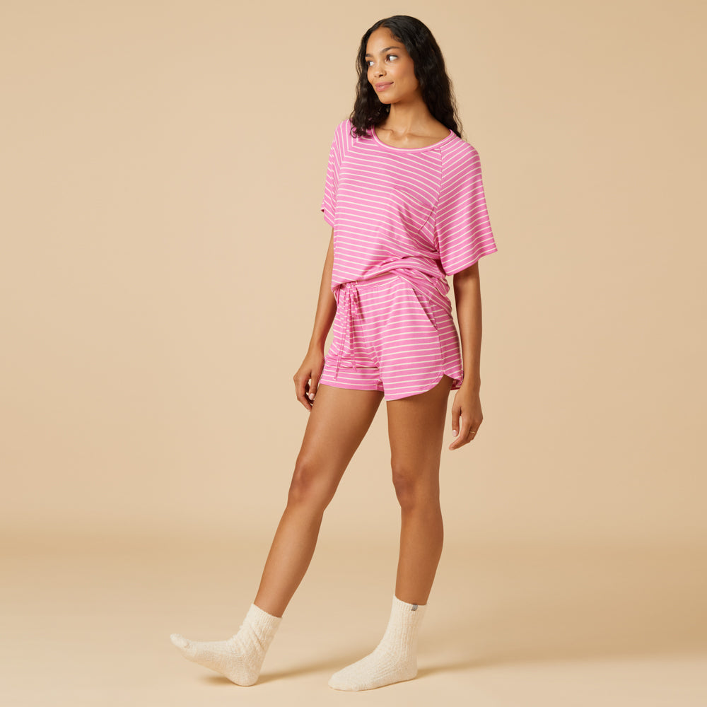 Dream Slouchy Tee Top with Shorts Lounge Set Fuchsia Stripe