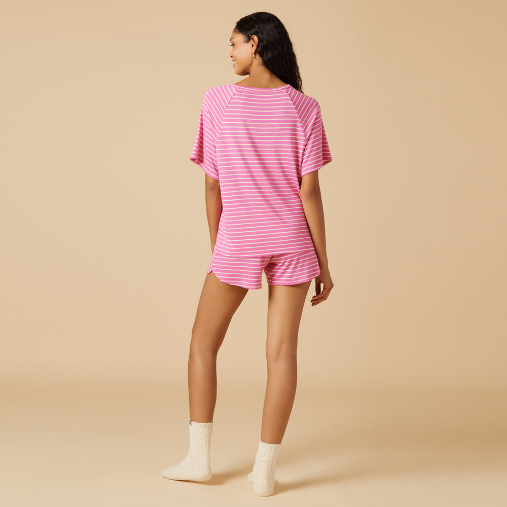 Dream Slouchy Tee Top with Shorts Lounge Set Fuchsia Stripe