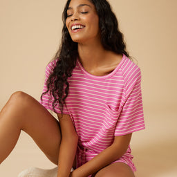 Dream Slouchy Tee Top with Shorts Lounge Set Dream Slouchy Tee Top with Shorts Lounge Set in Fuchsia Stripe
