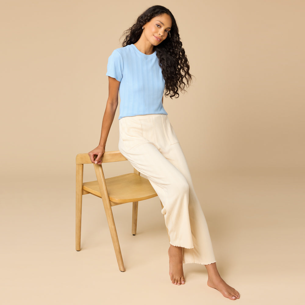 Pointelle Cropped Pant with Lettuce Edge Pointelle Cropped Pant with Lettuce Edge in Warm Sand