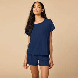 Pointelle Slouchy Tee with Lettuce Edge Pointelle Tap Shorts with Lettuce Edge in Midnight