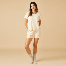 Pointelle Slouchy Tee with Lettuce Edge Pointelle Tap Shorts with Lettuce Edge in Warm Sand