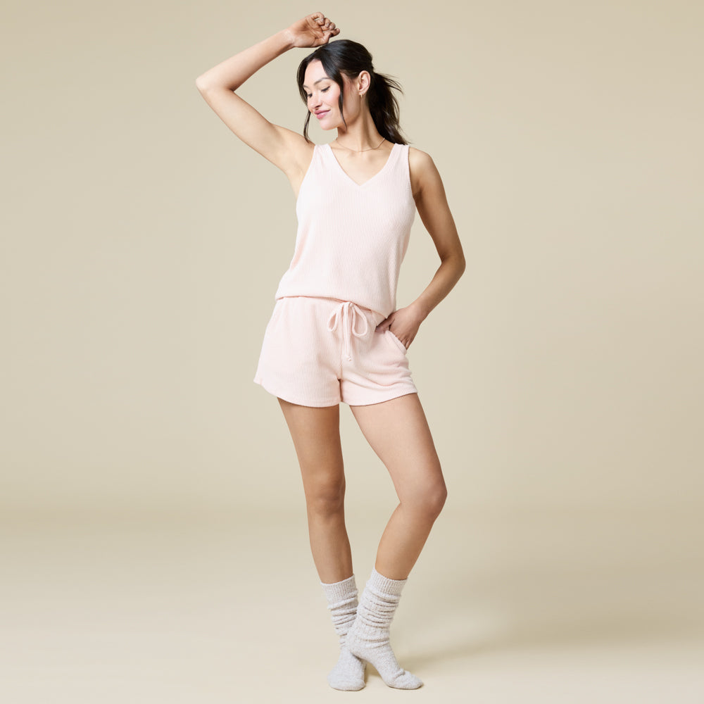 Rib Dream Double V-Neck Short Set Rib Dream Double V-Neck Short Set in Apricot