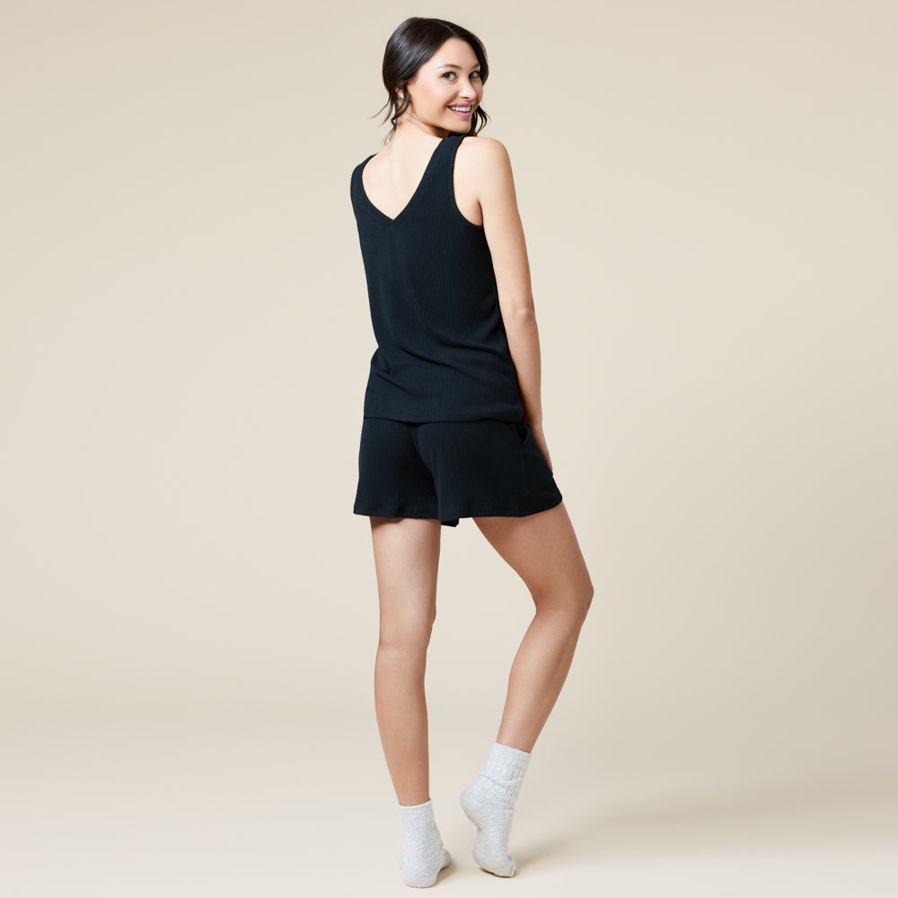 Rib Dream Double V-Neck Short Set Rib Dream Double V-Neck Short Set in Black