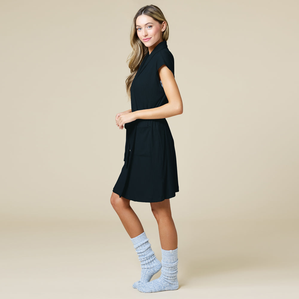 FLASH SALE - Rib Dream 35" Cap Sleeve Robe Black