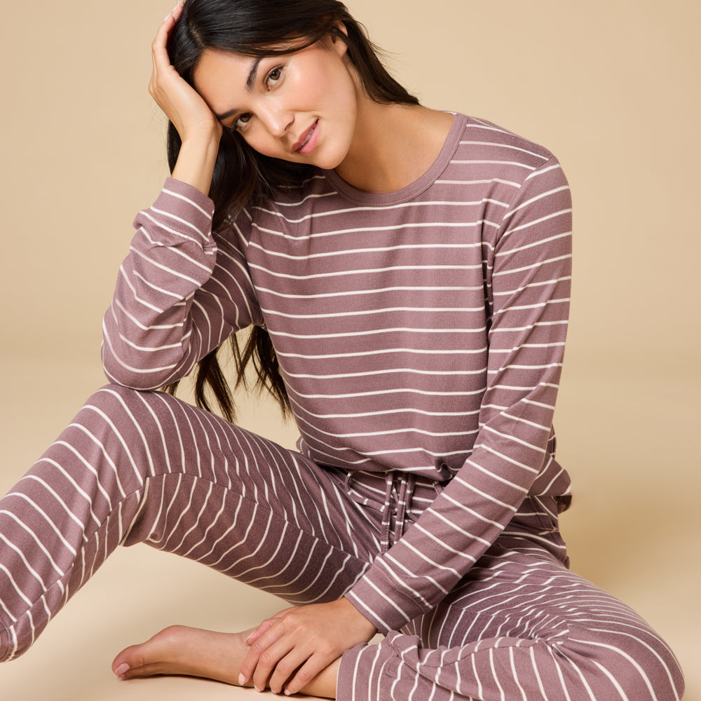 Dream Jersey Crew Neck Lounge Set Driftwood Stripe