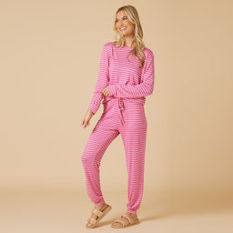 Dream Jersey Crew Neck Lounge Set Dream Jersey Crew Neck Lounge Set in Fuchsia Stripe