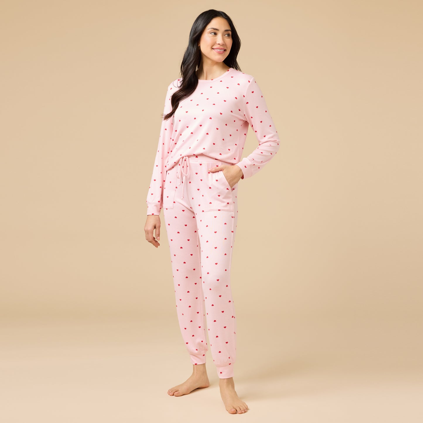 Dream Jersey Crew Neck Lounge Set in Pink w Hearts