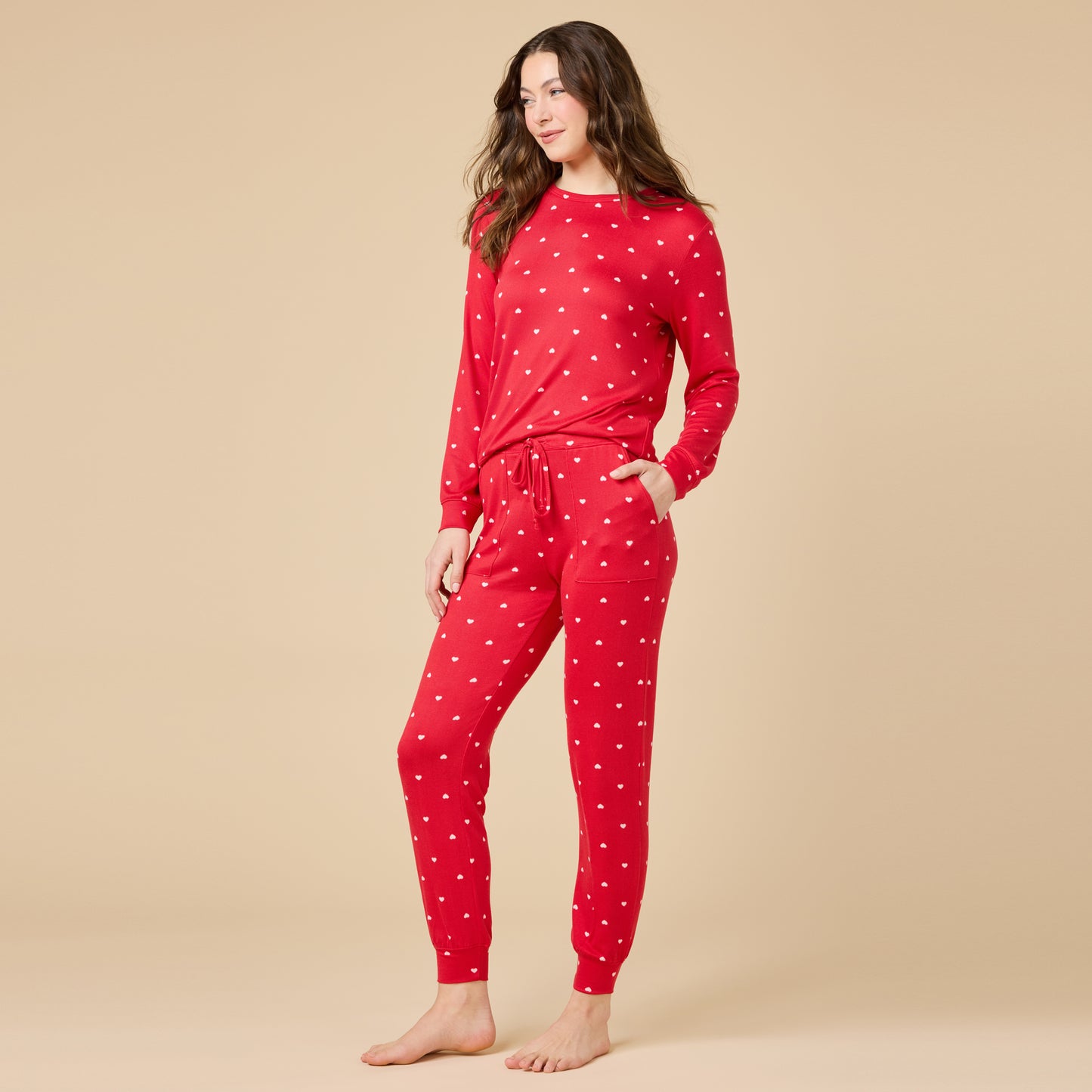 Dream Jersey Crew Neck Lounge Set in Red w Hearts